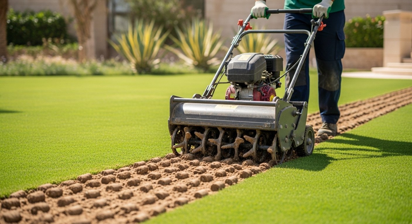 Professional lawn aeration in a Muscat villa garden