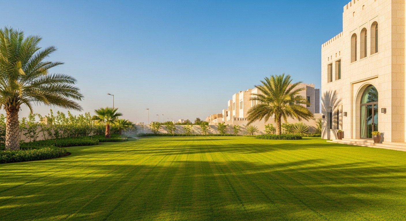 Green villa summer lawn care in Muscat, Oman during summer