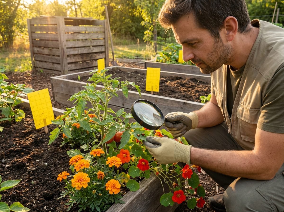 Gardener inspecting plants systematically following integrated pest management protocols