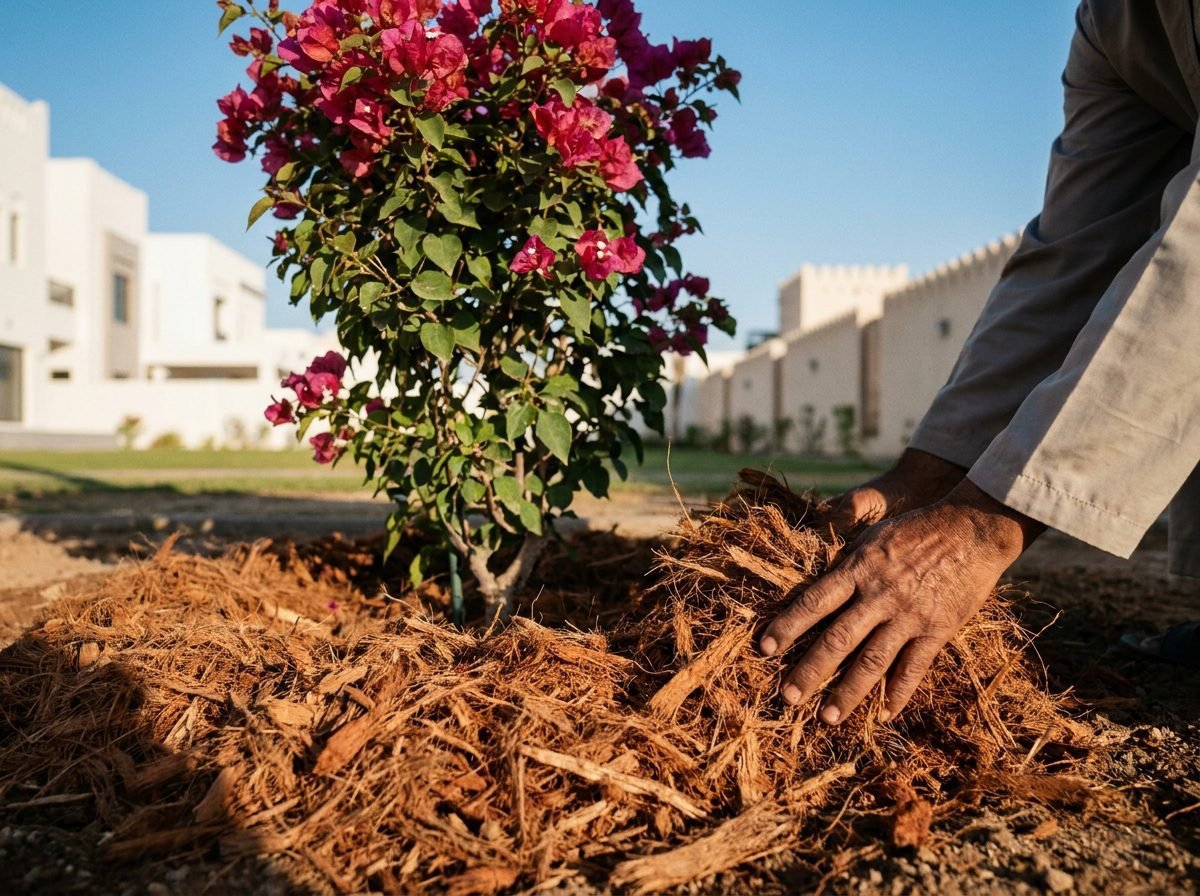 Mulching in Muscat garden for healthy soil