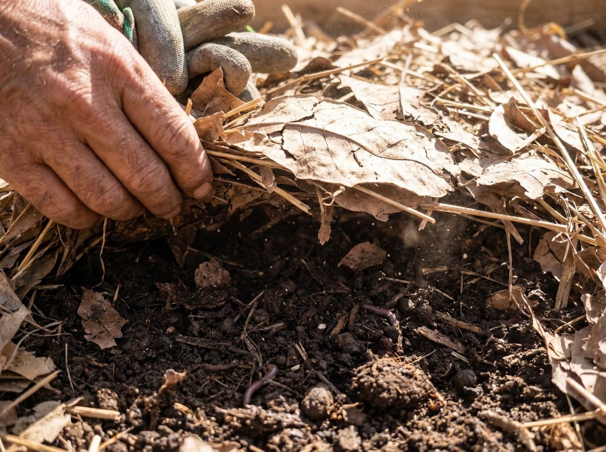 Garden beds mulched with organic material across different seasons Mulching in Muscat gardens for healthy soil