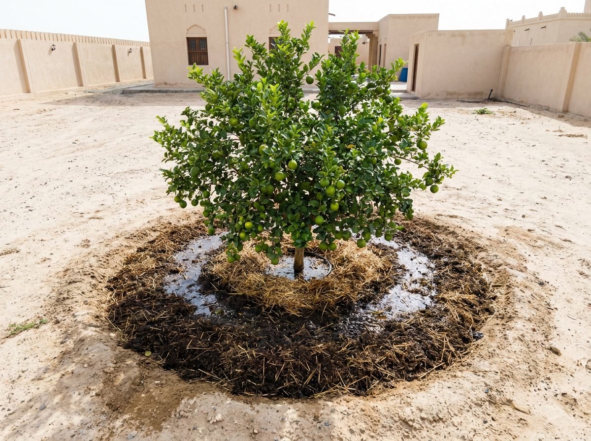 Gardener applying mulch to a well-prepared garden bed Mulching in Muscat garden for healthy soil